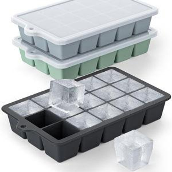 Silicone Ice Cube Tray 3 Pack - EASY RELEASE ice cube tray with lid, BPA Free Ice Cubes Trays for Freezer,ice cube mold for Cocktail,Whiskey (Black+Grey+Mint)