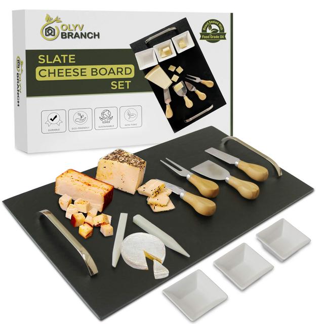 Olyv Branch Slate Cheese Board Set-10pc Serving Tray 16" x 10'' Large-Durable Versatile Serving Tray Sealed with an Anti Stain Coating-Great for Home Restaurant Cheese Tapas Appetizers Serving