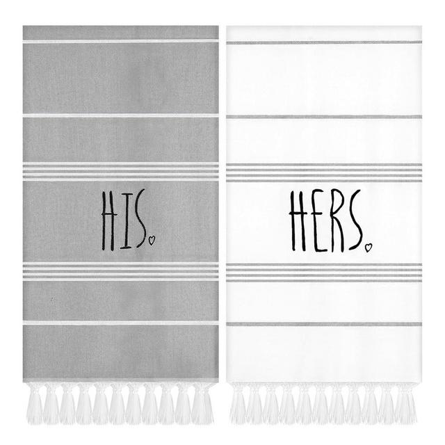 Preboun 2 Pcs His and Hers Turkish Beach Towels Wedding Embroidery Bathroom Hand Towels Decorative Stripe Turkish Honeymoon Newlywed Couple Wedding Gift 71 * 39 Inch(Grey and White)