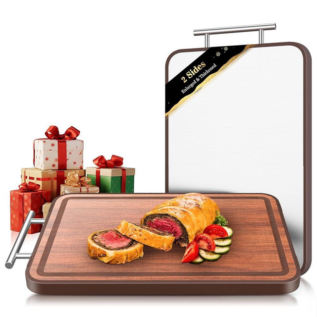Large Cutting Board Double Sided, 2025 Upgraded Thick Chopping Board, Titanium Stainless Steel Cutting Board for Kitchen, Ebony Wood Cutting Board with Juice Groove, Charcuterie Board 16.3''×11''×1''