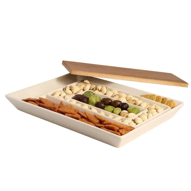 Gibson Elite 3-Section Stoneware Serving Tray with Acacia Lid – Taupe Rectangular Chip & Dip, Condiment, Snack and Appetizer Server