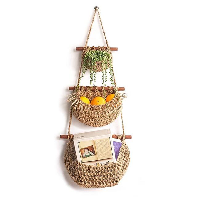 Hanging Fruit Basket ,3 Tier Over the Door Organizer, Handmade Woven Jute Wall Hanging Baskets for Organizing, BOHO Wall Basket Decor, Storage baskets for kitchen , Living & Bathroom Bedroom