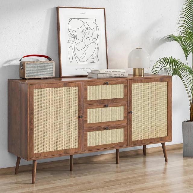 Rattan Sideboard Buffets Cabinet Farmhouse Boho Buffet Sideboard with 3 Drawers and 2 Doors Storage Cabinet Adjustable Shelves Console Table Cupboard Accent Cabinet for Living Room Kitchen