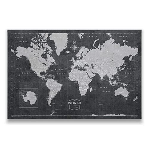 Conquest Maps World Travel Map with Pins Modern Slate Style Push Pin Travel Map Cork Board, Track Your Travels w/a Handmade Unique Canvas Pinable Map (48" x 32")
