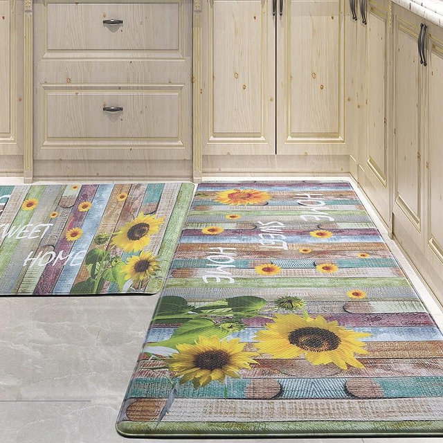 PCSWEET HOME Sunflower Kitchen Mats for Floor 2 Piece Anti Fatigue Mats for Kitchen Waterproof Non-Slip Sping Home Decor Comfort Standing Mats for Stove, Sink,17.3"x47"+17.3"x30"