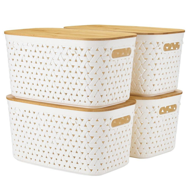 Plastic Storage Bins with Bamboo Lids Set of 4 - Pantry Organization and Storage Containers Storage Baskets - Stackable Storage Bins for Shelves Drawers Desktop Closet Playroom Classroom Office