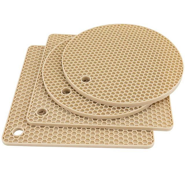 4 Pack Silicone Trivets for Hot Pots and Pans, Pot Holders Hot Pads, Non-Slip & Heat Resistant Silicone Mats for Kitchen Counter, Soft Durable Drying Mat, Jar Opener and Coasters (Beige)