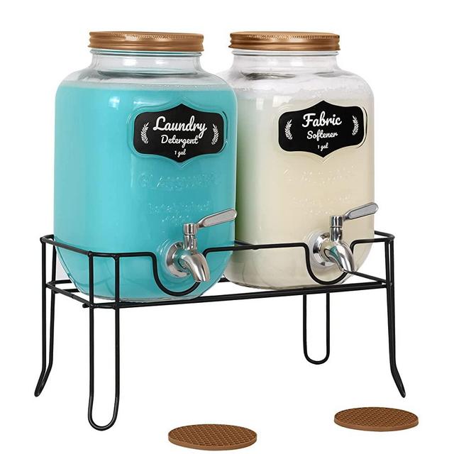 Laundry Detergent Dispenser Glass Jar -1Gallon Decorative Fabric Softener- Laundry Soap Dispenser- Mason Jar with Spout, Stand with Drip Mats -2Pack - Rose Gold