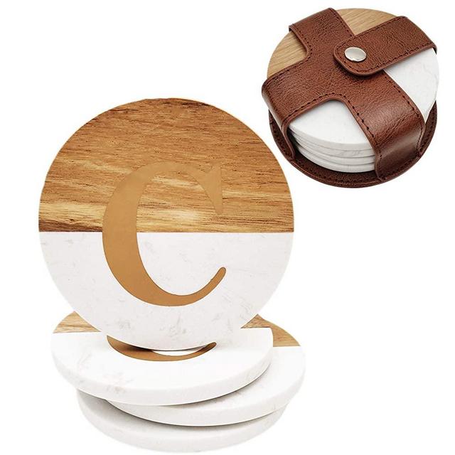 Wood and Marble Coasters with Leather Holder ，4Pcs White Coaster with Gold Initials for Office and Home Use, Perfect Monogram Gifting or Collecting, Capital Letter C