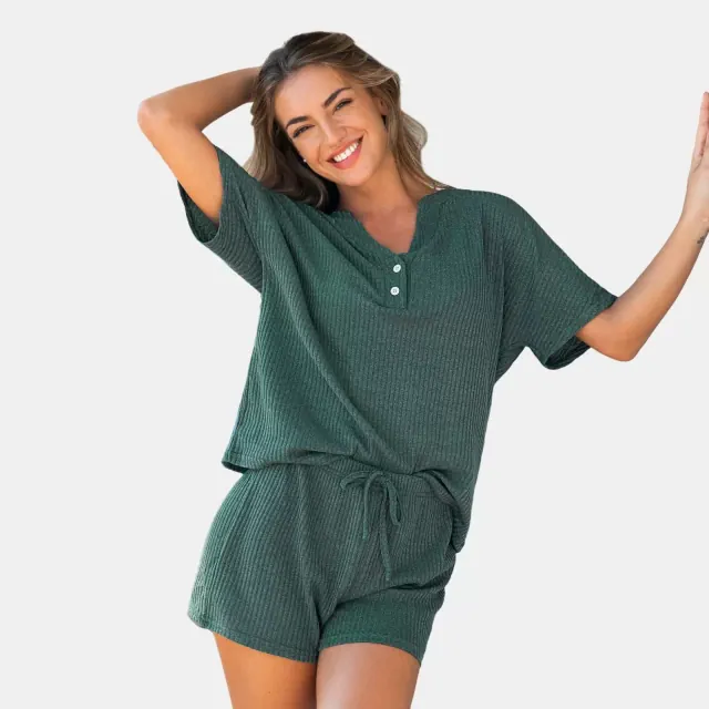 Women's Soft Green Ribbed Henley & Shorts Pajama Set - Cupshe-S-Green