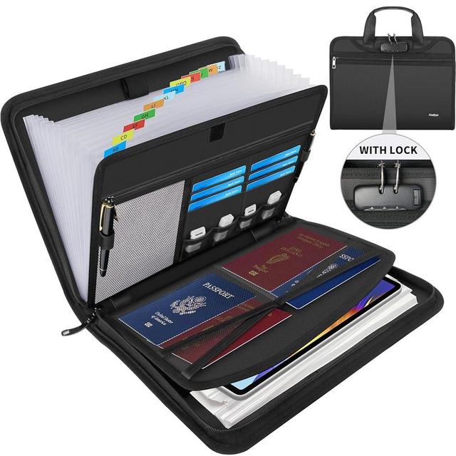 Andyer Accordion File Organizer with Lock, Fireproof Expanding File Folder with Tabs, 13 Pockets Important Document Organizer with Handle, Portable Paperwork Business Organizer, Letter/A4-Size (Black)