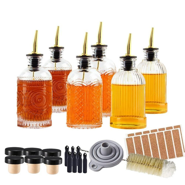 Simple Syrup Bottles Set of 6, Glass Coffee Syrup Dispenser Bottles 7 OZ With Metal Pour Spout, Labels and Stopper, Glass Syrup Dispenser for Maple Honey Syrup Oil and Sauces, SC060