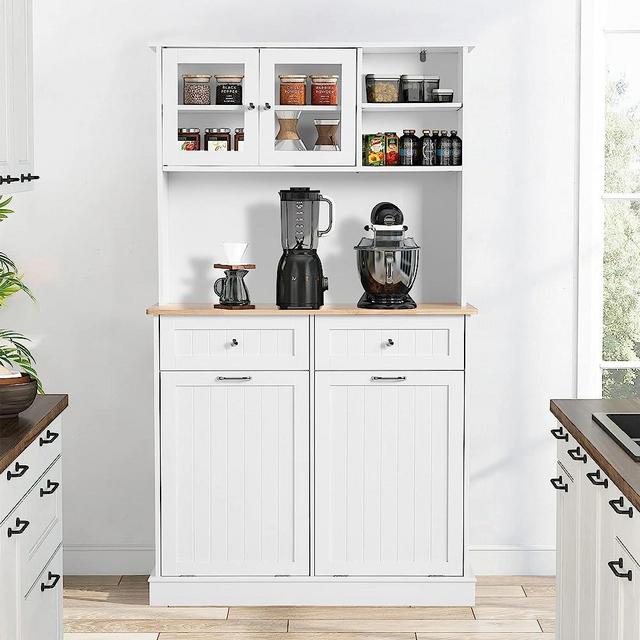 YOCONYO Double Tilt Out Trash Cabinet Storage Cabinet 20 Gallon with Two Solid Wood Hideaway Trash Holder Drawers, Dual Wooden Free Standing Recycling Cabinets Trash Can Bin Kitchen (White)