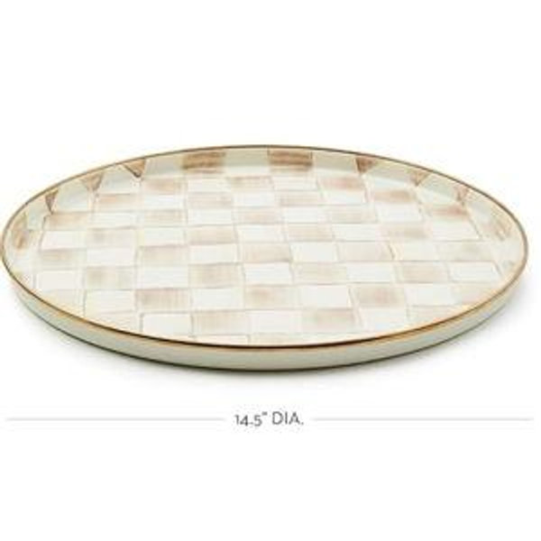 MACKENZIE-CHILDS Enamel Round Tray, Unique Serving Platter for Food and Drinks, Brown-and-White Mocha Check