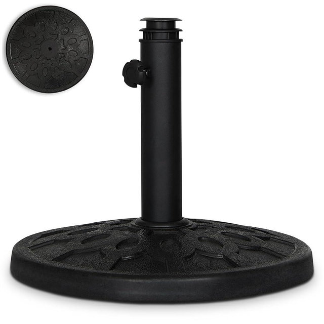 Backyard Expressions 20 lb Round Patio Umbrella Base – Heavy Duty Resin-Coated Calcium Carbonate Stand with Adjustable Pole Adapters Fits 1.5"–2" Poles, Weather-Resistant, Black Finish