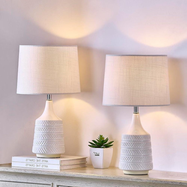 White Ceramic Table Lamps Set of 2, Decor Farmhouse Lamps for Living Room End Tables, 18.5" Bedside Lamps for Night Stands, Modern Boho Lamp for Bedroom Office, 3-Color Temperature LED Bulbs Included