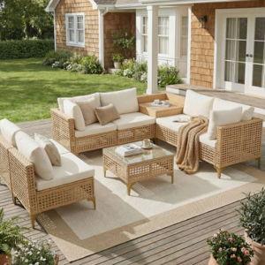 7 Piece Wicker Patio Furniture Set, Outdoor Conversation Set Sectional Sofa With Thick Cushions & Coffee Table For Backyard, Porch, Natural/Beige