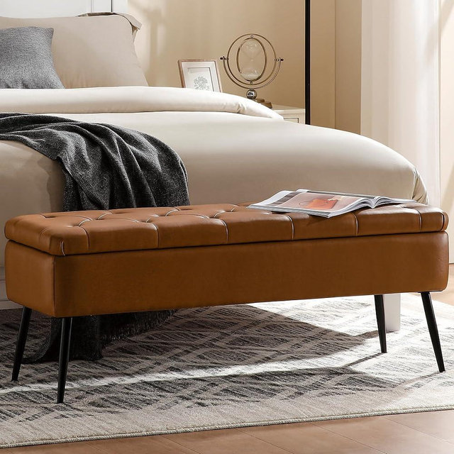 kinmars Leather Storage Ottoman Bench,End of Bed Bench for Living Room Bedroom Dinning Room Entryway,Mid-Century Modern,Faux Leather,with Steel Legs,Safety Hinges, Loads 660 lb (with Button, Brown)