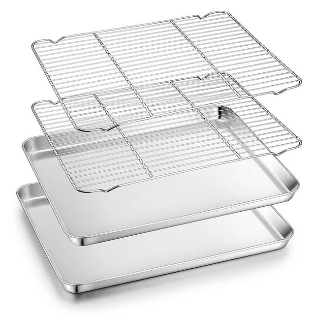 TeamFar Baking Sheet with Rack, 17.6 x 13 x 1 inch Stainless Steel Baking Pan Cookie Sheet Set with Cooling Rack for Baking/Roasting/Cooling, Non-Toxic & Heavy Duty, Dishwasher Safe - Set of 4