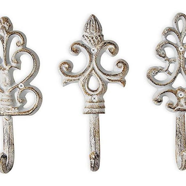 Shabby Chic Cast Iron Decorative Wall Hooks - Rustic - Antique - French Country Charm - Large Decorative Hanging Hooks - Set of 3 - Screws and Anchors for Mounting Included