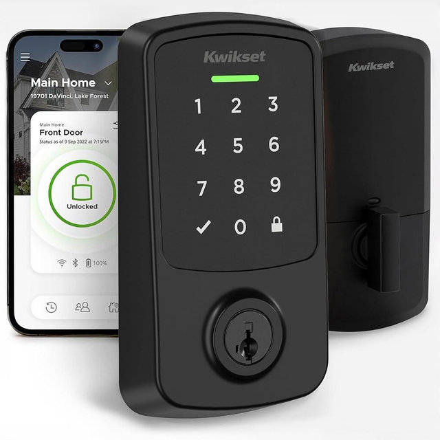 Kwikset Aura Reach Smart Lock Matter Over Thread and Bluetooth Enabled Keyless Entry Door Lock Deadbolt, BHMA Certified, Proximity Wakeup, Geofence Auto-Unlock Matte Black
