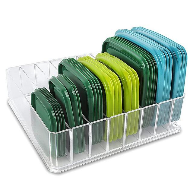 Lid Organizer for Food Storage Container, Bawuie Plastic Lid Holder with 7 Adjustable Dividers for Kitchen Pantry Cabinet and Drawer, Countertop Cupboard Lid Organization, Large, Clear