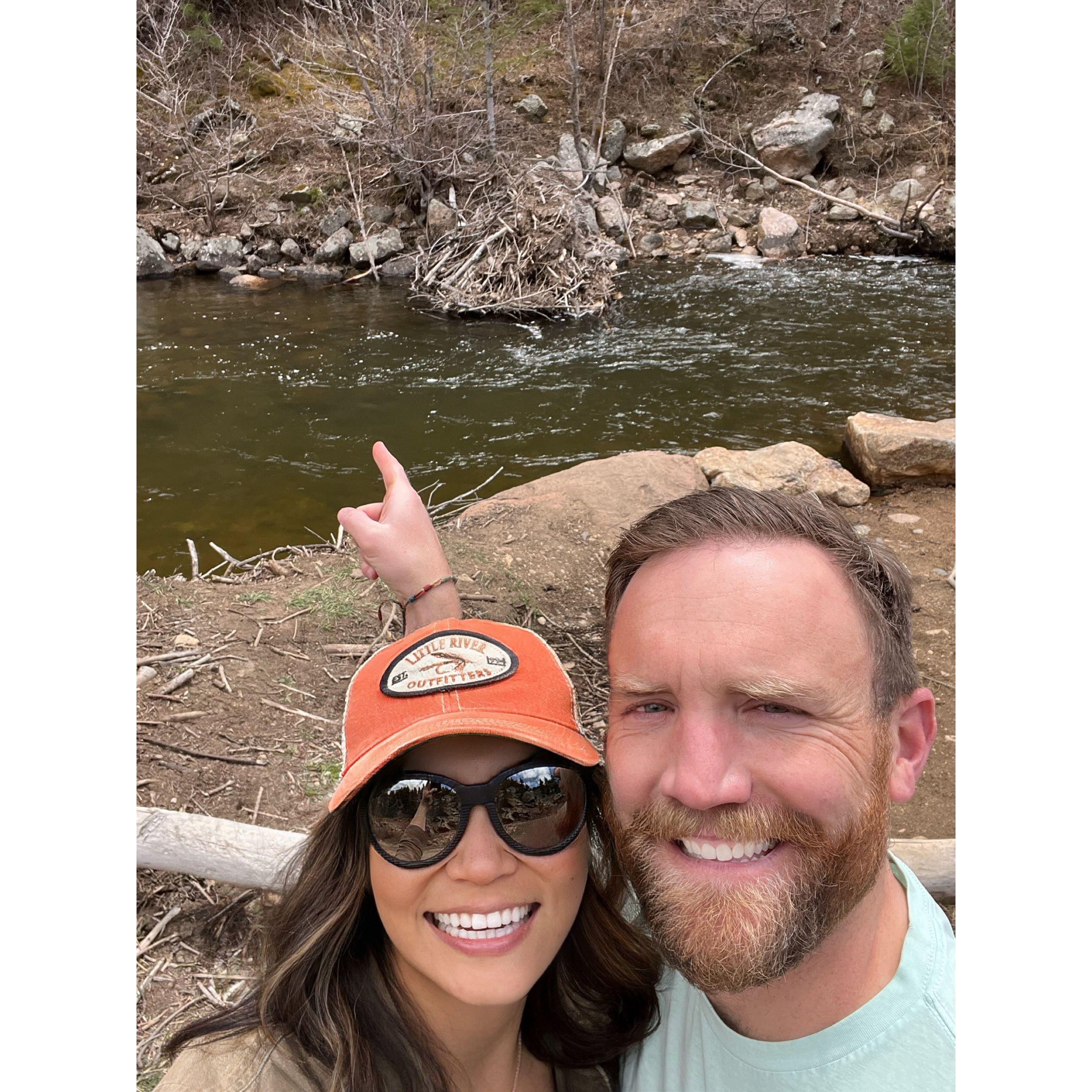 Our first official fly fishing expedition together. Mike is pointing to the hole where he landed his first fish!
