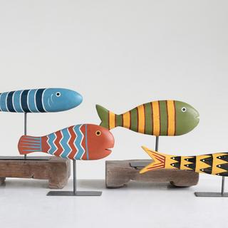 4-Piece Hand-Painted Mango Wood Fish Decor Set
