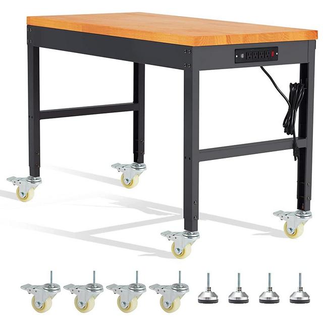 HABUTWAY Height Adjustable Workbench with Wheels 48" x 24" 2000 Lbs Capacity Oak Board Work Station Heavy-Duty Rolling Work Benches for Garage Party Shop Office (48 INCH Black Frame)