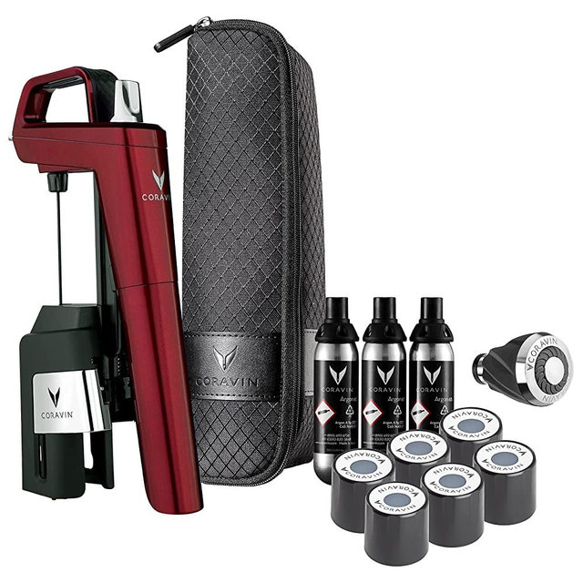 Coravin Timeless Six Plus Wine by the Glass System - Burgundy - Includes 3 Argon Gas Capsules, 1 Wine Aerator, 6 Screw Cap Replacements, and 1 Carrying Case