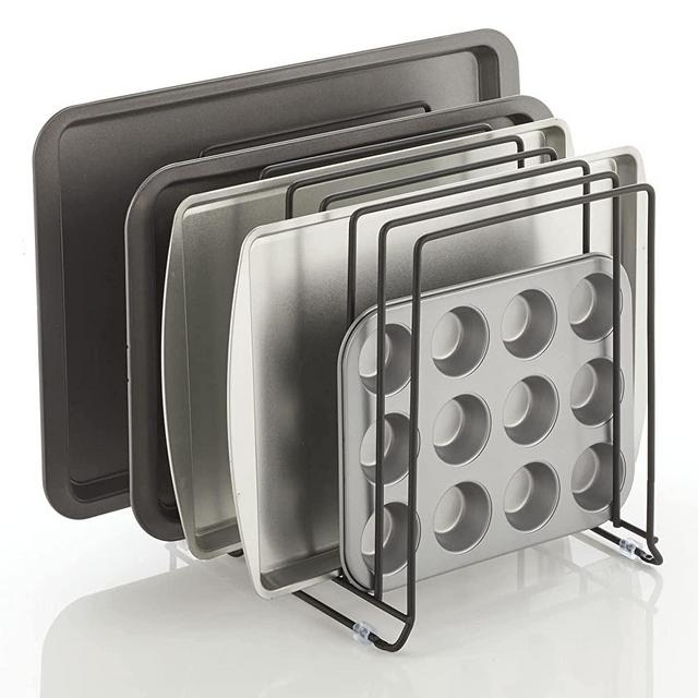mDesign Metal Wire Organizer Rack for Kitchen Cabinet, Pantry, Shelves - Holder with 8 Slots for Skillets, Frying Pans, Lids, Cutting Boards, Vertical or Horizontal Placement - Large - Black