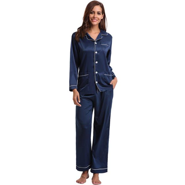 Aibrou Women's Satin Pajamas Set Long Sleeve and Long Button-Down Sleepwear Loungewear,Navy,Medium