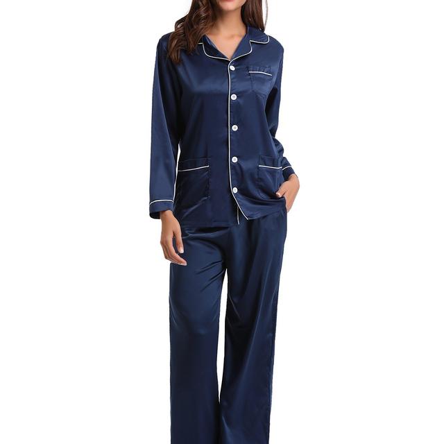 Aibrou Women's Satin Pajamas Set Long Sleeve and Long Button-Down Sleepwear Loungewear,Navy,Medium