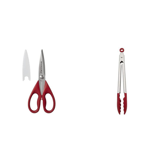 KitchenAid All Purpose Shears with Protective Sheath, 8.72-Inch, Red & Silicone Stainless Steel Tongs, 10.26 Inch, Red