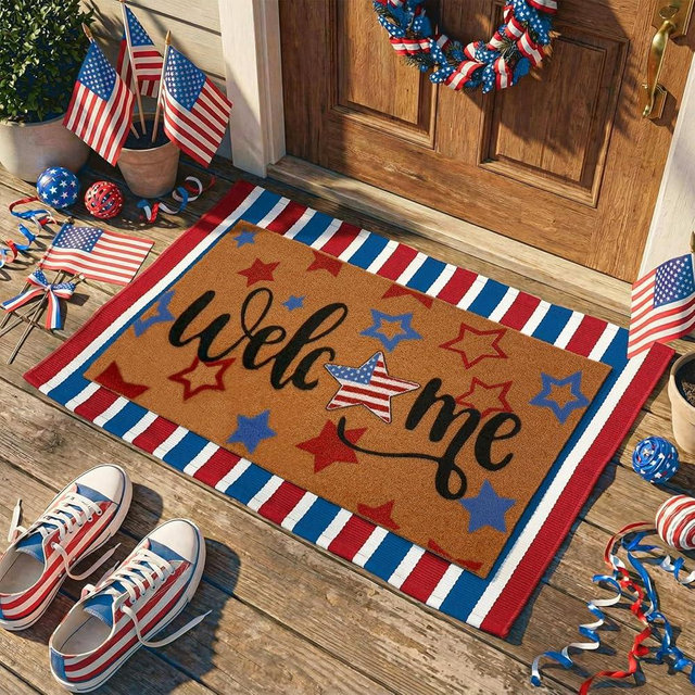 Honoson 2 Pcs Patriotic Doormat Set, 4th of July 250th Anniversary Red White Blue Stripe USA Cotton Welcome Rug, Non-Slip Independence Day Memorial Day Front Porch Entrance Decor