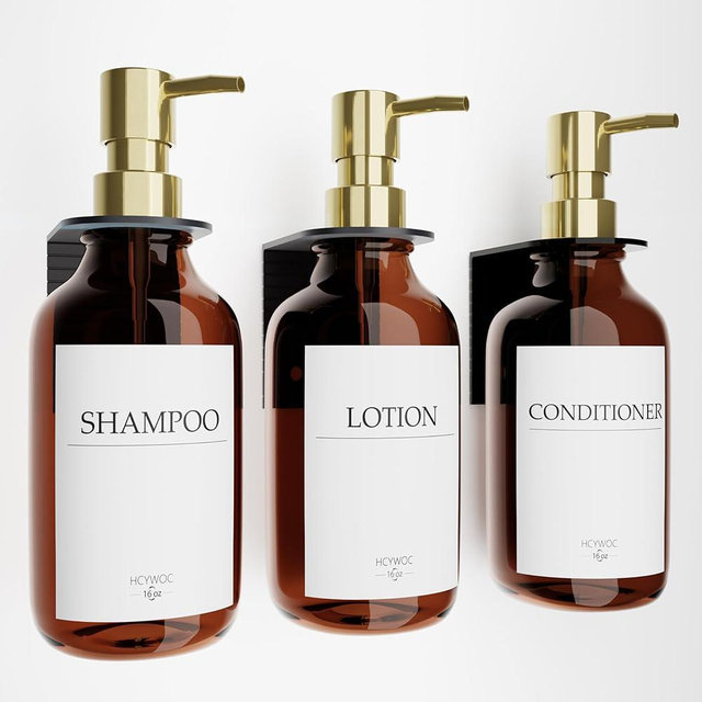 Shampoo Dispenser for Shower Wall, Shampoo and Conditioner Dispenser with 16 Waterproof Labels, No Drill Shower Soap Dispenser Bathroom, Shower Soap Dispenser Wall Mounted,17oz, 3 Pack, Gold Amber