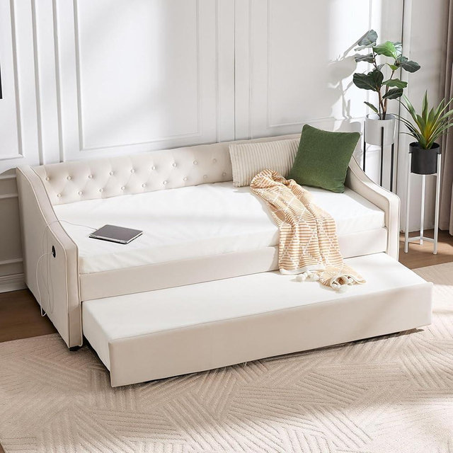 Ball & Cast Twin Daybed with Trundle, Velvet Upholstered Day Bed with USB Port & Side Pockets, Modern Pull-Out Platform Guest Bed-Frame with Wavy Arms & Button Tufted for Bedroom Living,Beige