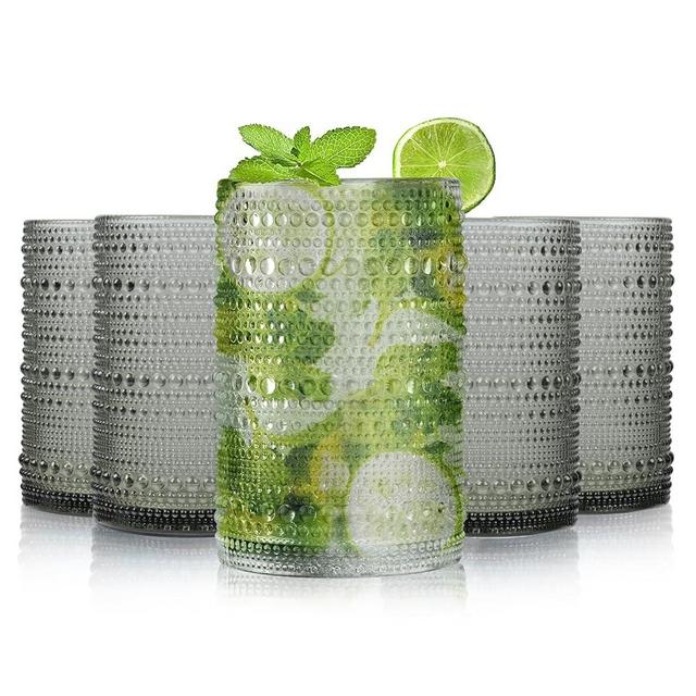 AWWAOOAWW Highball Hobnail Drinking Glasses Set of 6,14 oz Vintage Glasses Drinking set, Glassware Set for Beer,Whiskey, Juice, Cocktail, Milk，Dishwasher Safe，Gift box packaging（Light grey ）