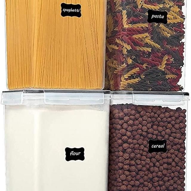 Extra Large Tall Airtight Food Storage Containers, Vtopmart 4 Pieces 5.9qt/6.5L Plastic PBA Free Kitchen Pantry Storage Containers for Spaghetti, Flour and Baking Supplies - Include 24 Labels, Black