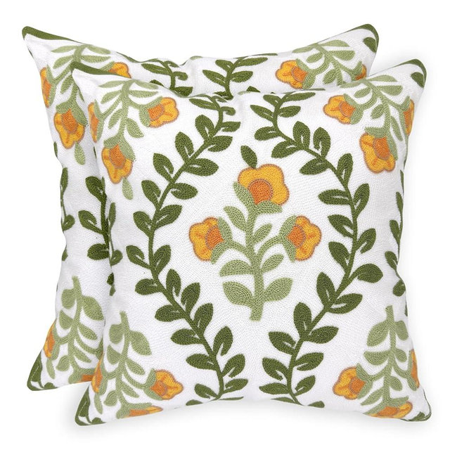 Alysheer Floral Embroidered Summer Decorative Throw Pillow Covers 18"x 18" Set of 2, Farmhouse Cottage Orange Flowers Green Leaves Knit Patterned Cotton Canvas Cushion Case for Couch Bed Living Room