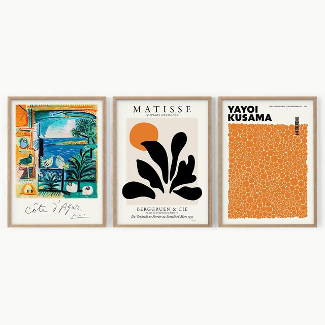 Burnt Orange Art, Mid Century Modern, Henri Matisse, Picasso Poster, Yayoi Dots, Set of 3 Gallery, Aesthetic Decor, Boho Home, Cote D'azur