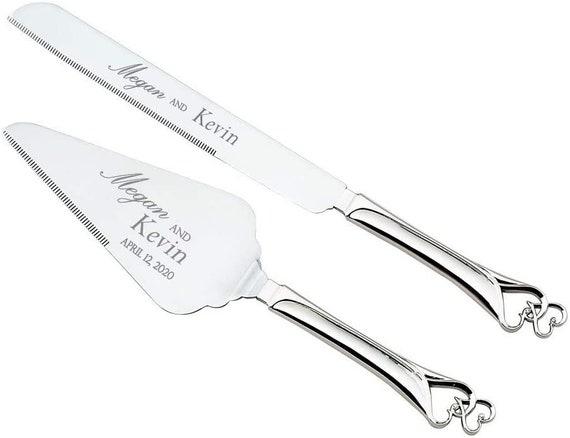 Heart Two Heart Silver Sparkle Personalized Wedding Cake Knife and Server Set, Custom Engraved Wedding Cake Cutting Set for Bride and Groom