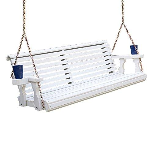 Amish Heavy Duty 800 Lb Roll Back Treated Porch Swing with Hanging Chains and Cupholders (4 Foot, Semi-Solid White Stain)