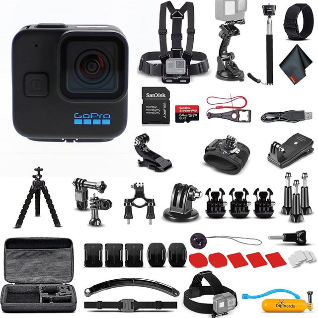 GoPro HERO11 (Go Pro Hero11) Black Mini - Waterproof Action Camera with 5.3K Ultra HD Video, 24.7MP Photos, 1/1.9" Sensor, Stabilization + 50-in-1 Accessory Kit + 64GB Card + More