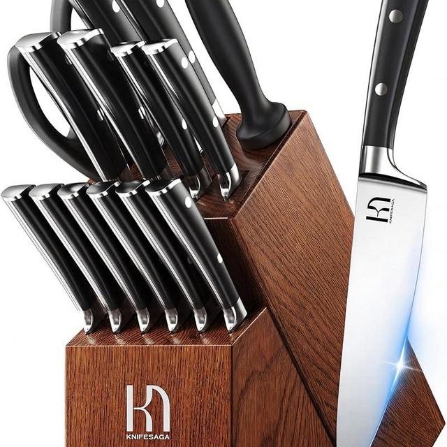 KnifeSaga Knife Set, 15 Pcs Kitchen Knife Block Set, Enduring Razor-Sharp High Carbon Stainless Steel Chef Knife Set with Block and Sharpener, Premium Knives Set for Kitchen, Brown Ash Wood