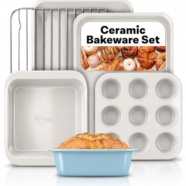 Gotham Steel 6 Pc Stackable Baking Pans Set, 70% Space Saving Design, Ceramic Bakeware Sets Non Toxic Made Without PFOA PFOS, with Baking Sheet Tray, Cake & Muffin Pans, Oven & Dishwasher Safe