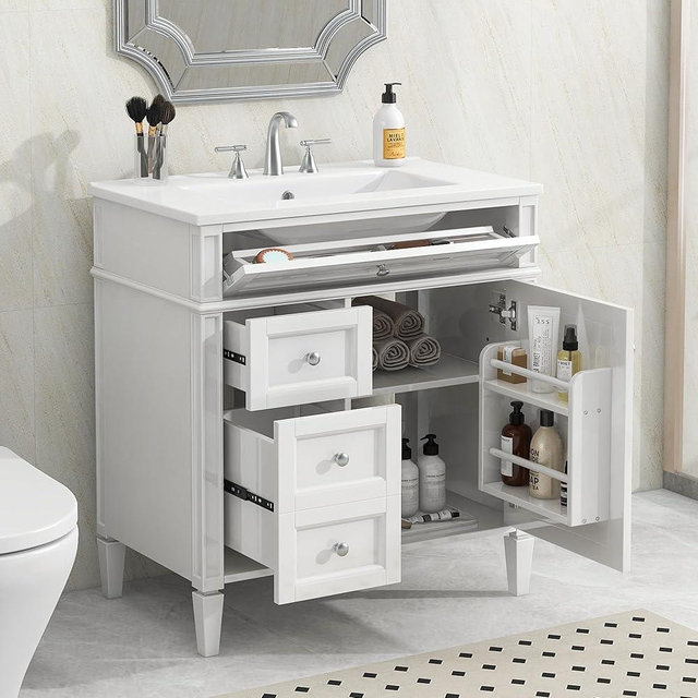Linique 30" Bathroom Vanity with Sink Combo Set, Solid Wood Frame Modern Bathroom Storage Cabinet with 2 Drawers and a Tip-Out Drawer, Soft Closing Cabinet Door with Organizer, White