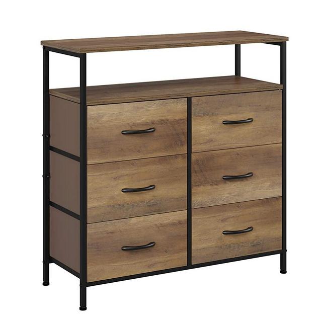 HOMECHO Fabric Dresser Chest with 6 Drawers, Wide Chest of Drawers with 2 Tier Wood Shelves, Sturdy Metal Frame, Tall Nightstand Functional Organizer Unit for Closets, Bedroom, Hallway, Rustic Brown