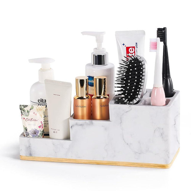 Toothbrush Holder for Bathroom, Aimou Bathroom Organizer Countertop with 6 Compartment Storage Bathroom Accessories Electric Toothbrush Toothpaste Razor Holder for Bathroom/Vanity, Marble White