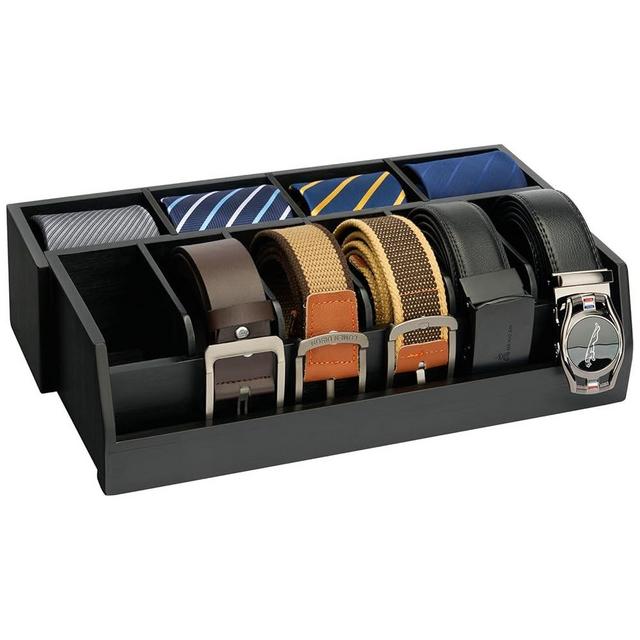 Ikkle Wooden Belt Organizer Box, 10 Compartment Belt & Tie Storage, Closet & Drawer Display Case, Large Holder (Black)